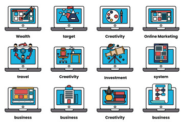 Set of illustrations in the concept of laptops and things in line art style