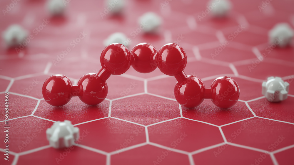 Poster red molecular structure is displayed on hexagonal patterned surface, with white molecular models sca