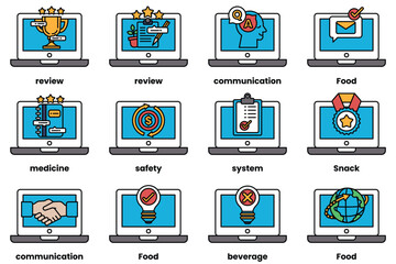 Set of illustrations in the concept of laptops and things in line art style