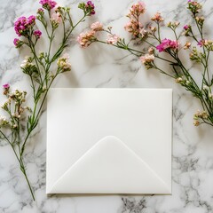 Elegant Blank Envelope Mockup with Pink Flowers on Marble