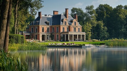 Luxurious Estate by Water, Reflection of a Grand Mansion