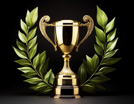 golden trophy surrounded by green laurel leaves on black background