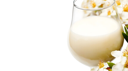 A glass of vanilla milk on a white background, showcasing a creamy and smooth beverage, ideal for food and drink promotions or product showcasing.
