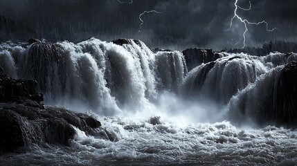 Obraz premium Powerful waterfall cascading during a thunderstorm. Turbulent water surges over rocky ledges, illuminated by flashes of lightning in a dark, stormy sky