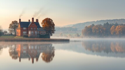 Obraz premium Autumnal manor house reflected on a misty lake at dawn