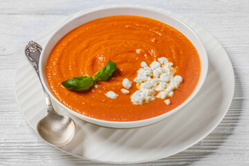 roast tomato soup in a bowl, top view