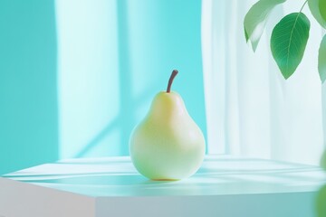 A singular green pear sits elegantly in natural sunlight