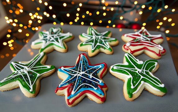 Festive Star-Shaped Christmas Cookies on Baking Sheet