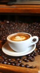 Obraz premium Steaming Cup of Latte Art Coffee with Beans