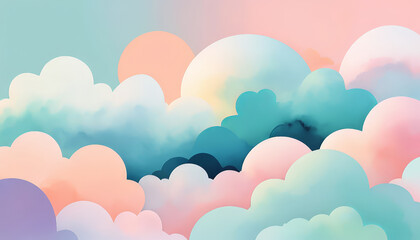 Soft pastel clouds fill sky in dreamy blend of colors, creating serene and tranquil atmosphere. gentle hues of pink, blue, and mint evoke sense of calm and wonder