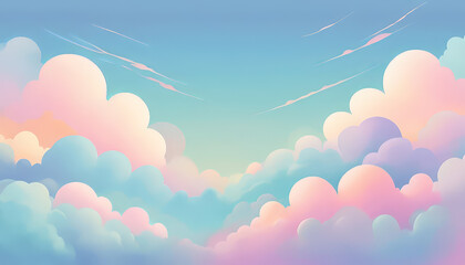 serene digital illustration of fluffy clouds in soft pastel colors, blending shades of pink, blue, and white against tranquil sky. gentle hues evoke sense of calm and peace