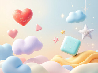A colorful 3D illustration with hearts, stars, and pastel objects like macarons.