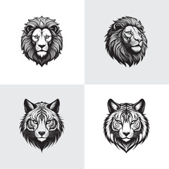 Obraz premium Lion and Tiger Heads in Black and White silhouettes set