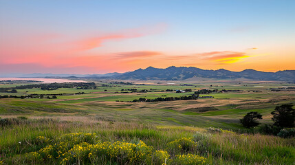 Obraz premium Scenic Field Landscape At Sunset With Golden And Orange Sky Over Rolling Hills And Yellow Flowers