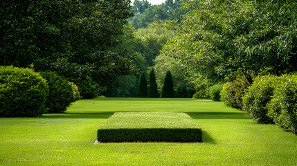 Fototapeta premium Manicured Green Garden with Lawn and Trees under Sunlight