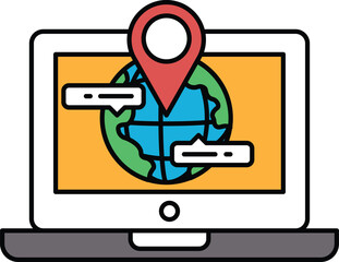 A laptop screen with a map of the world and a red pin on it