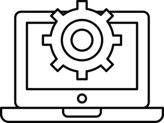 A black and white image of a laptop with a gear on it