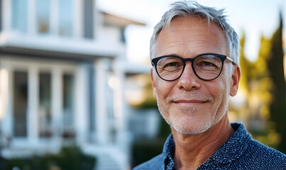Fototapeta premium Smiling older man with glasses stands outside a modern house in the afternoon sun, exuding confidence and warmth