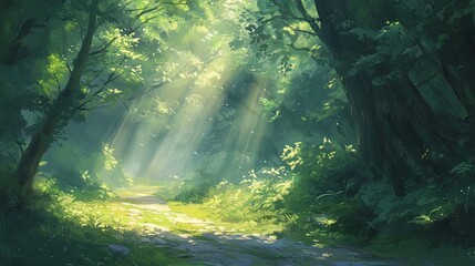 Lush forest path bathed in sunlight