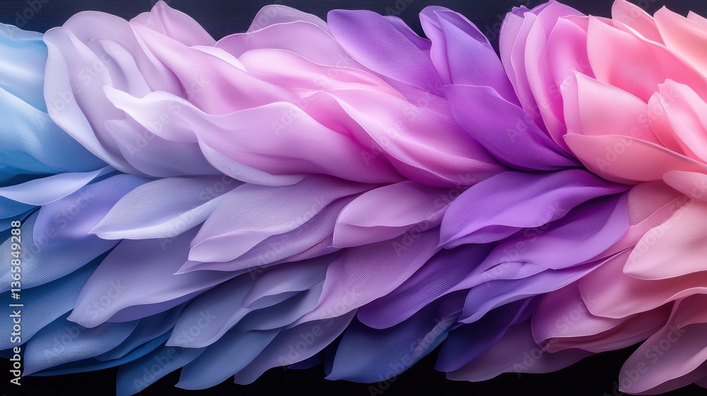 Poster colorful gradient of soft fabric petals arranged in a flowing pattern against a dark background