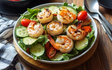 Delicious Grilled Shrimp Salad with Cucumber and Tomato