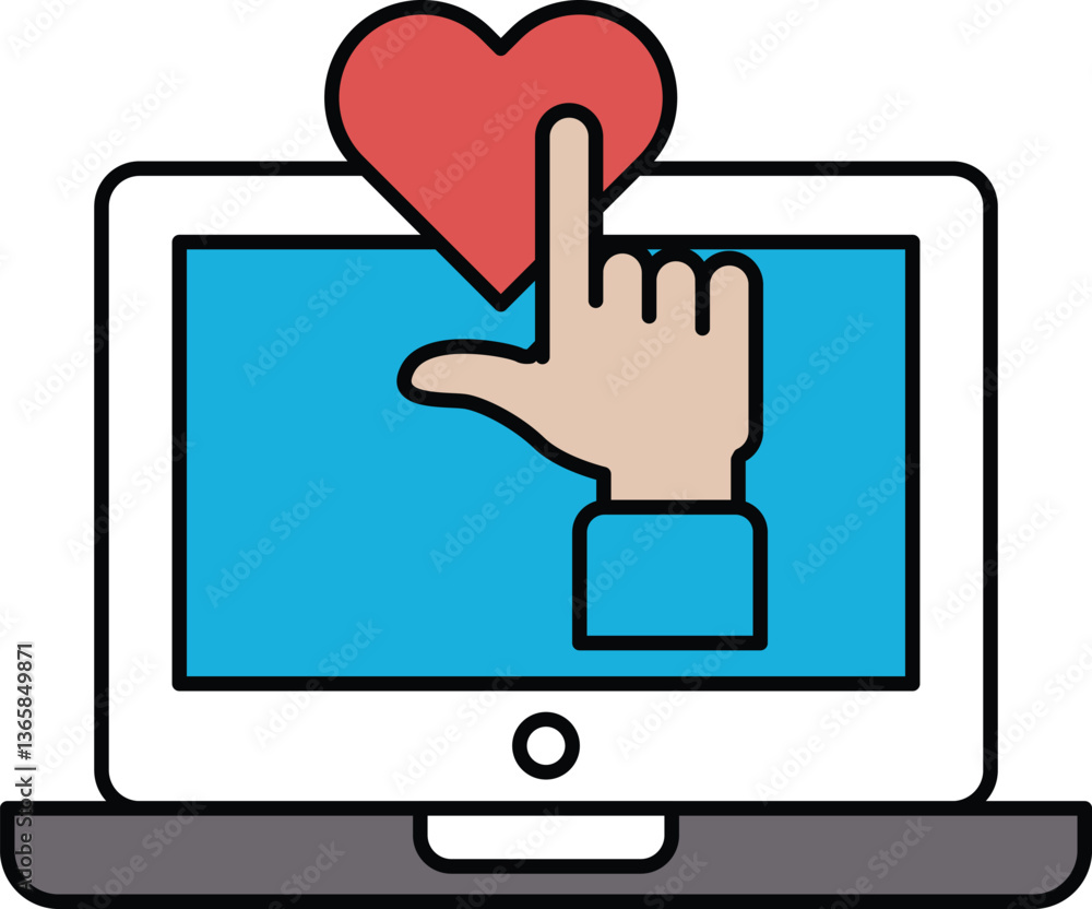 Poster a hand pointing to a heart on a computer screen