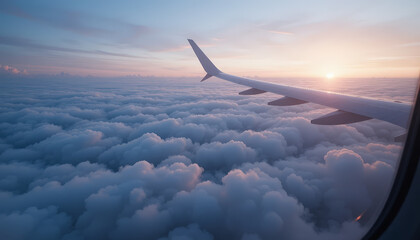 Obraz premium serene view from airplane window showcases wing above soft, fluffy clouds during sunset, creating tranquil and picturesque atmosphere. colors blend beautifully, evoking sense of peace and wonder