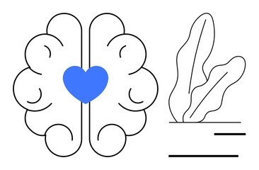 Brain outline with heart symbolizes emotional intelligence, next to organic leaves for balance, growth, wellness. Ideal for mental health, self-care, mindfulness, compassion, empathy growth