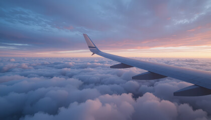 Fototapeta premium serene view from airplane wing above fluffy clouds during sunset, showcasing beautiful gradient of colors in sky. scene evokes sense of tranquility and adventure