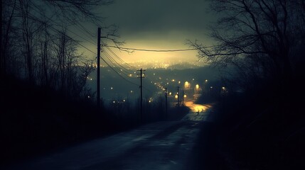 Empty streets lit by lampposts and the glow of distant city light
