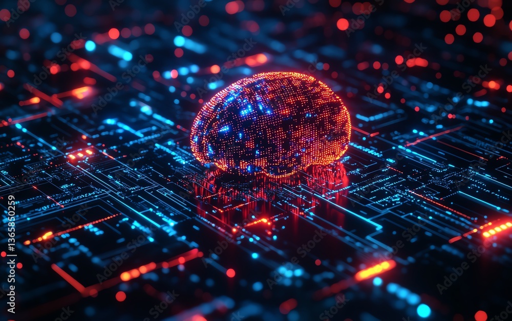 Poster sophisticated ai brain surrounded by glowing circuits and a modern technological background, digital