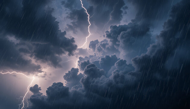 Dramatic storm clouds filled with lightning illuminate sky, creating powerful and intense atmosphere. heavy rain adds to sense of urgency and nature raw energy