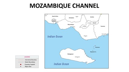Mozambique Channel Map. State map of Mozambique Channel. Administrative map of Mozambique Channel with state and capital in white color.