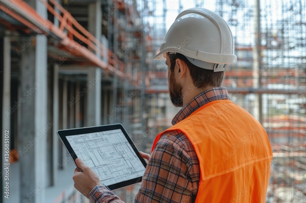 Poster civil engineer or architect with hardhat on construction site checking schedule on tablet computer