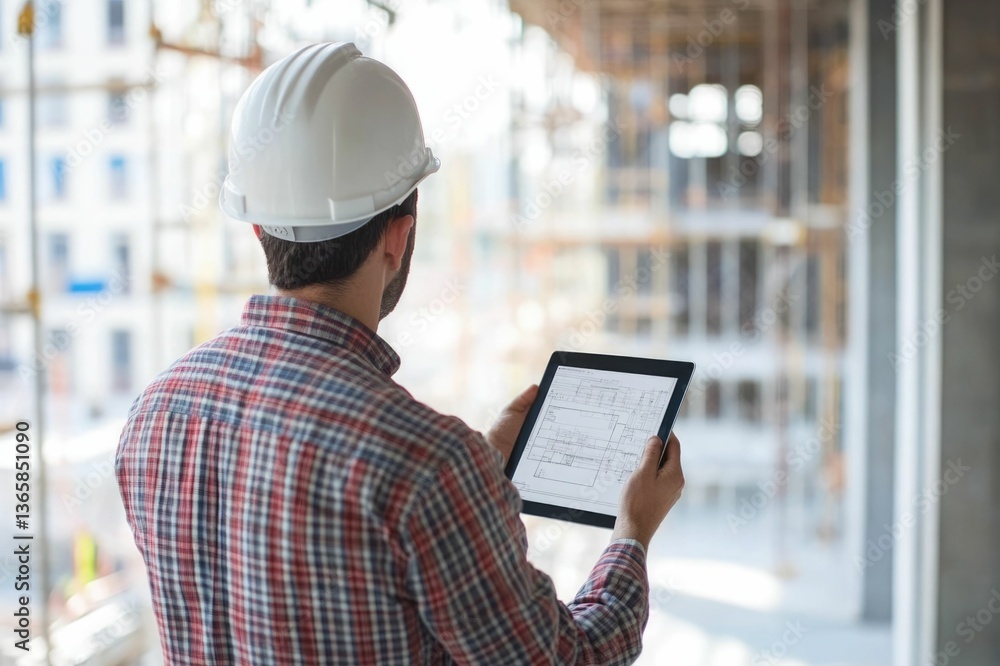 Aufkleber civil engineer or architect with hardhat on construction site checking schedule on tablet computer