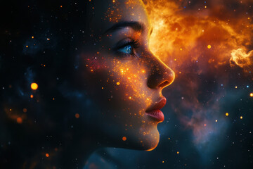 Woman's face gazing at vast nebula backdrop, eyes filled with wonder and contemplation.