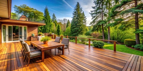 Relaxing outdoor patio with wooden deck and furniture overlooking a lush green landscape