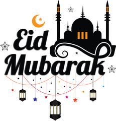 Eid Mubarak Masjid with Crescent Moon Silhouette – Vector Illustration of Mosque Islamic Ramadan Art Illustration Simple & Elegant Islamic Design
