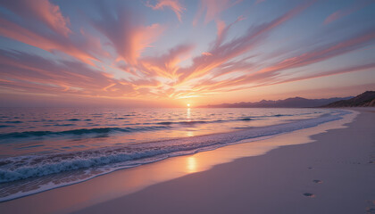 breathtaking sunset over tranquil beach, with vibrant pink and orange clouds reflecting on calm ocean waves. serene atmosphere invites relaxation and contemplation