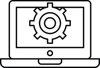 A black and white image of a laptop with a gear on it