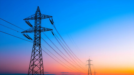 Silhouette Of Power Lines And Pylons Against Gradient Sky At Sunset With Orange And Blue Hues