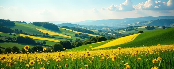 Fototapeta premium Rolling hills, patchwork of crops, idyllic scenery, stock, growth, drone