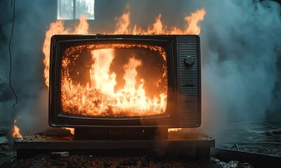 Vintage CRT television on fire with visible flames inside screen against dark smoky background. Concept of media decay and chaos - Powered by Adobe