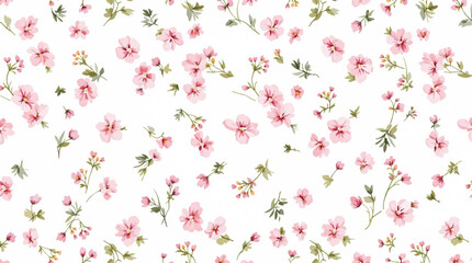 Watercolor floral seamless pattern with hand-painted blush pink flowers and green leaves on white background. Botanical print.