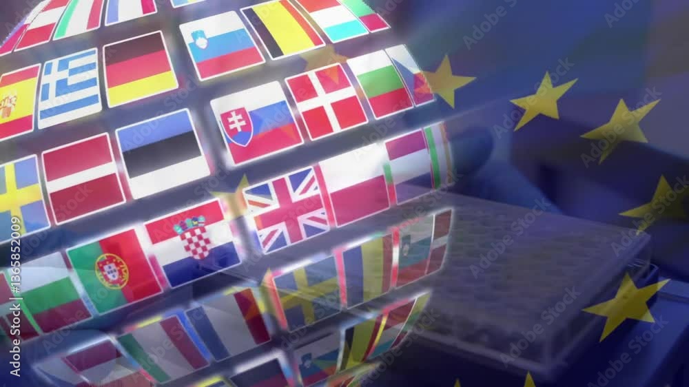 Poster european flags displayed over eu flag with keyboard, animation in school setting