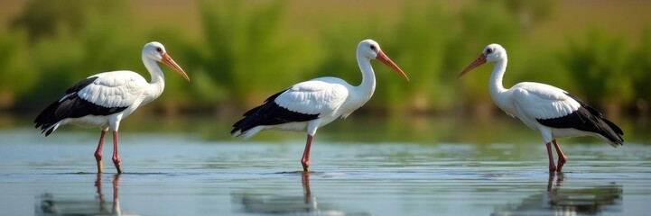Three white storks wading in shallow wetland water, reeds visible ,  picture,  fauna