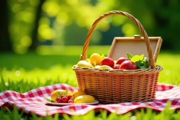 Sunny day picnic basket, checkered blanket, summer food, vacation, grass