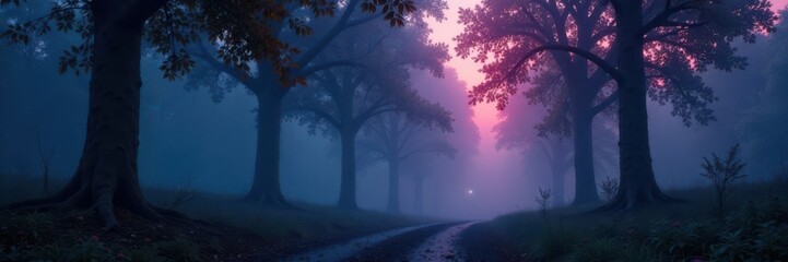 Fototapeta premium muted color tones in a mystical foggy forest at night, forest, eerie