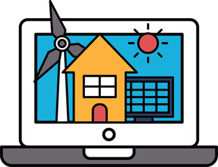A laptop screen shows a house with a wind turbine in the background