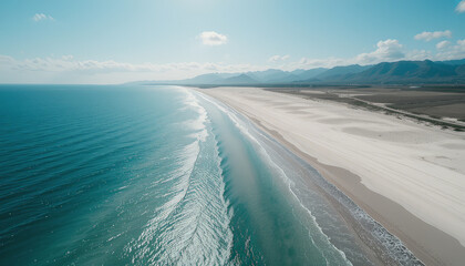 Aerial view of serene beach with gentle waves lapping at shore, surrounded by mountains and clear blue sky. tranquil scene evokes sense of peace and relaxation